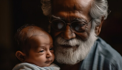 Wall Mural - Smiling senior men hold cute grandchild indoors generated by AI