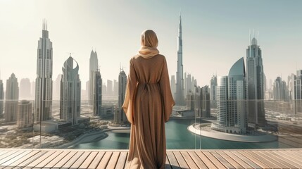 A Muslim Woman's Glimpse Dubai's Skyline, generative ai