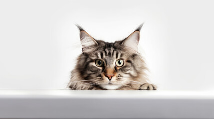 Wall Mural - portrait of a peeking cat head. Maine coon cat peeking out. Copy Space. Generative AI