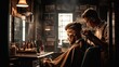 © jambulart - Young handsome barber making haircut for attractive bearded man at barbershop, generative ai