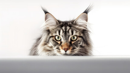 Wall Mural - portrait of a peeking cat head. Maine coon cat peeking out. Copy Space. Generative AI