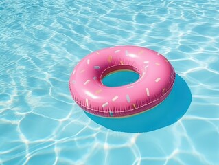 Pink donut shaped inflatable circle floats in the pool. Top view.