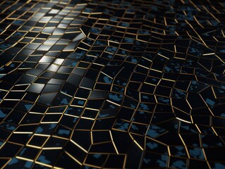 Dark black mosaic background with golden lines Art Deco luxury style texture Created with Generative AI technology