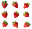 9 freigestellte frische fruchtige Erdbeeren auf transparentem Hintergrund