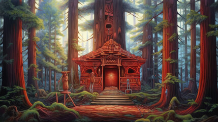 Sticker - shamanism spiritual cottage, temple in the forest - by generative ai
