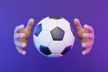 Cartoon hands catching a soccer ball on a purple background. 3d rendering illustration