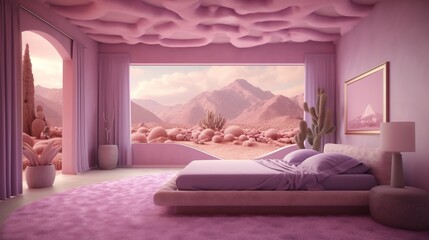 Generative AI, Fantasy pink purple relax room with dreamy bed, windows and beautiful landscape with clouds. Bedroom in calm lavender and violet colors.