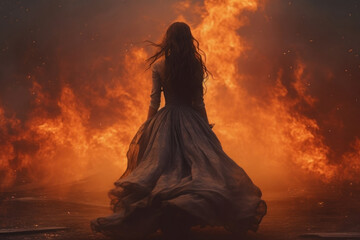 Wall Mural - retro woman walking away with wind and flames. embers and fire. long blowing dress.