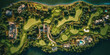 Golf field, aerial view landscape, sport plane sight view
