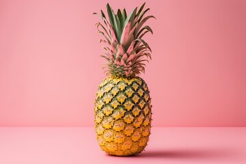 Poster - Pink pineapple on a yellow background. Minimalist style. The concept of food. Generative AI