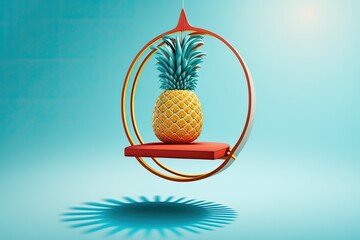 Sticker - Summer beach concept, floating chair with ring and pineapple against a blue background. Generative AI