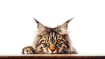 Wall Mural - portrait of a peeking cat head. Maine coon cat peeking out. Copy Space. Generative AI