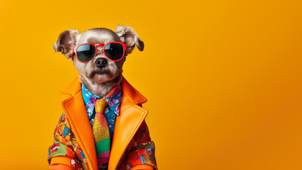 Cool looking dog wearing funky fashion dress - jacket, tie, glasses. Wide banner with space for text right side. Stylish animal posing as supermodel. Generative AI