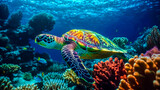 Fototapeta Do akwarium - Underwater world. Corals. Turtle. Depth. image for 3d floor. Dive into the underwater world. Ai generated