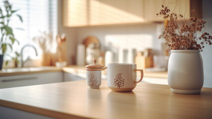 Wall Mural - Kitchen wooden table top with breakfast at morning time. Scandinavian style vintage kitchen interior. Created with Generative AI