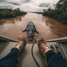 Crocodile Attack On Photographer, Photo Taken From Side Of Boat Down To River, An Angry Crocodile Swims Behind Boat, Photographer's Legs Are Visible In Photo, An Unusual Angle, Ai Generative