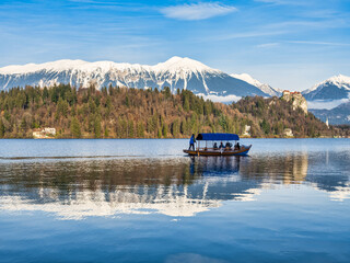 Wall Mural - Rowing boat in lake Bled, snow peak mountains and the castle in the background, Slovenia