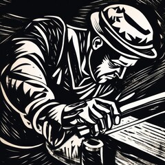 Sticker - A black and white linocut drawing of a man working on a piece of wood. Generative AI image.