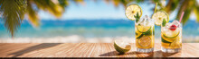 Cocktails At A Beach Bar At Tropical Resort. Summer Vacation Background, Website Header, Banner For Travel, Tourism, Holidays, Beach Bar, Resort, Party. Generative AI.