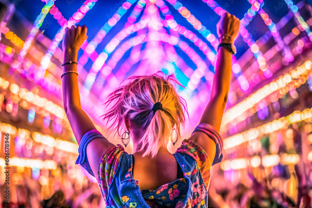 Beautiful Young Woman At A Rave, Hands In The Air – Generative AI Stock ...