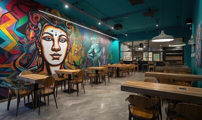 Poster -  a restaurant with a mural of a woman's face on the wall and wooden tables and chairs in front of the tables and chairs.  generative ai