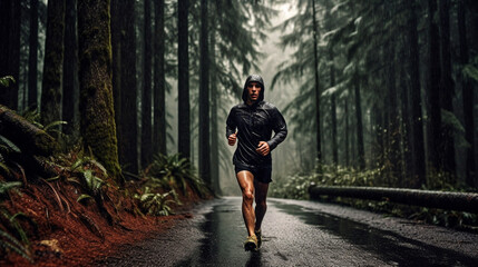 Wall Mural - athlete runner forest trail in the rain. Generative AI