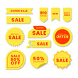 Set of vector yellow starburst, sunburst badges. Simple flat style vintage labels, stickers with sale discount text. Sale quality tags and labels. Template banner shopping badges