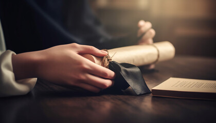 Poster - Caucasian hand holding old fashioned Bible indoors generated by AI