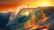 © muji - rough colorful ocean breaking surf wave falling down at sunset time