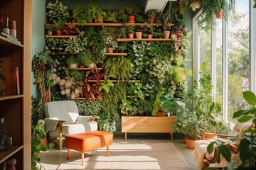 Vertical gardening in the apartment. Boho interior style Generative AI