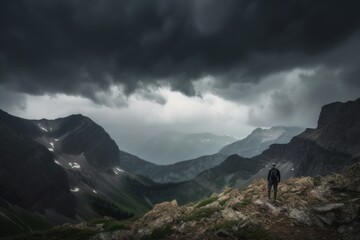 Poster - A man standing on top of a mountain under a cloudy sky. AI generative image.