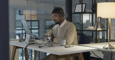 Poster - Podcast, microphone and a man with a laptop at night for live stream, radio broadcast or news. African male presenter and influencer in office with headphones for communication or journalist talk