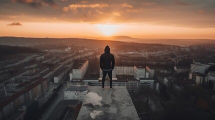 Wall Mural - A person standing on top of a building. AI generative image.