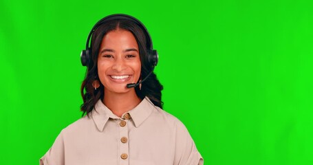 Canvas Print - Call center, hand and a woman on a green screen for customer service and advertising choice. Face of happy african person, agent or consultant for crm, sales support and telemarketing or advice space