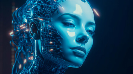 Wall Mural - Concept of artificial intelligence. Human face in blue colors. Generative AI illustrator