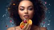 Beautiful african american woman keep sliced fruit in Luxury parfume bottle. Girl holding glass parfume bottle, orange forest background. Fruits Serum. iv serum bag. Generative AI	
