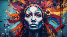 Wall Painting: Portrait Of A Woman In Psychedelic, Colorful Flower Power Style. - Generative AI