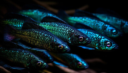 Canvas Print - Multi colored school of fish swim in reef generated by AI