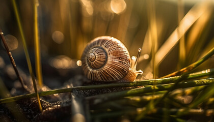 Wall Mural - Slimy snail crawling on green plant outdoors generated by AI