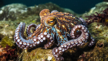 Sticker - Colorful octopus tentacles in tropical reef paradise generated by AI