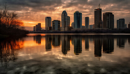 Sticker - Silhouette of skyscrapers against vibrant sunset sky generated by AI