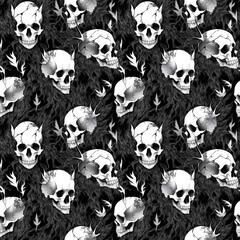 Gothic Seamless Skulls Black & White Repeatable Pattern created using Generative AI