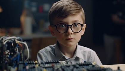 Sticker - Caucasian boys working on computer equipment indoors generated by AI