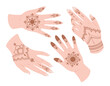 Hand with henna tattoo set. Mysticism and esotericism, occultism. Religious patterns in boho style on arms, sacred bohemian symbols. Cartoon flat vector collection isolated on white background