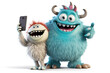 Funny 3D Monster Friends Taking a Selfie with a Cellphone - White Background - Generative AI