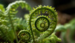Spiral fern frond, green beauty in nature generated by AI