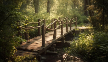 Poster - Tranquil footbridge crosses foggy tropical rainforest stream generated by AI