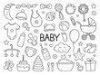 Baby and newborn doodle set.  Baby elements: toys, rattle, milk bottle, pacifier, clothes, ball in sketch style. Hand drawn vector illustration isolated on white background