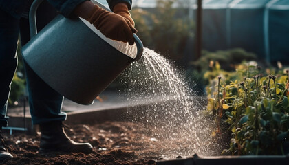 Sticker - One man spraying water on growing plants generated by AI