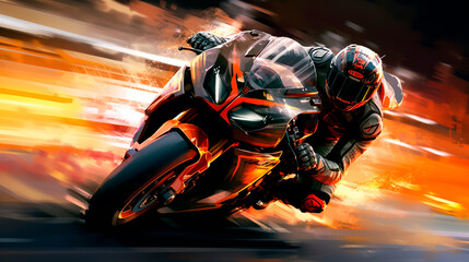 Superbike motorcycle on the race track, dynamic concept art illustration, high speed. Generative AI